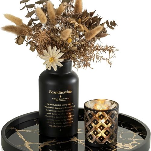 Screenshot Black Round Marble Pattern Serving Trays for Kitchen/ Dinning Room - Modern Candle Display Tray for Living Room Centrepiece Decor