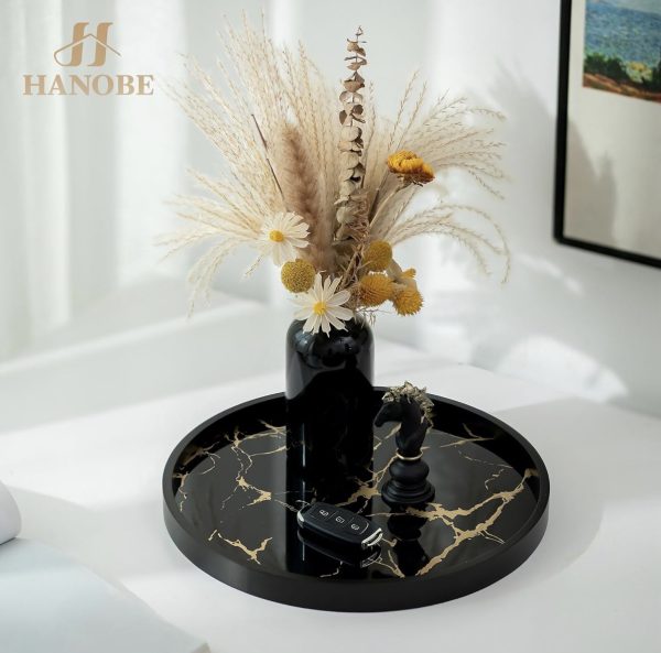 Black Round Marble Pattern Serving Trays for Kitchen/ Dinning Room - Modern Candle Display Tray for Living Room Centrepiece Decor