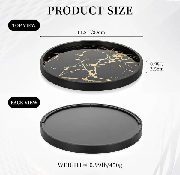 Black Round Marble Pattern Serving Trays for Kitchen/ Dinning Room - Modern Candle Display Tray for Living Room Centrepiece Decor