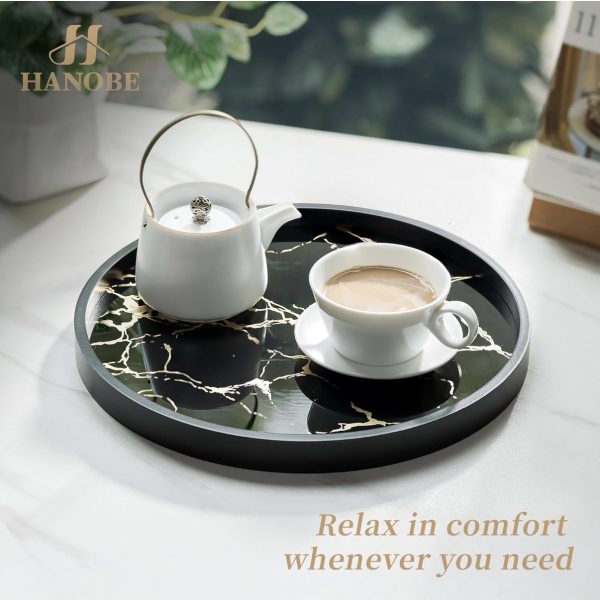 Black Round Marble Pattern Serving Trays for Kitchen/ Dinning Room - Modern Candle Display Tray for Living Room Centrepiece Decor