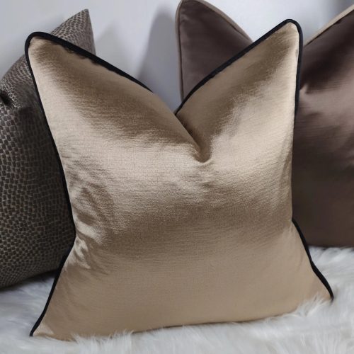 Luxury Champagne Gold Cushion Cover Piped in Black Satin 18x18