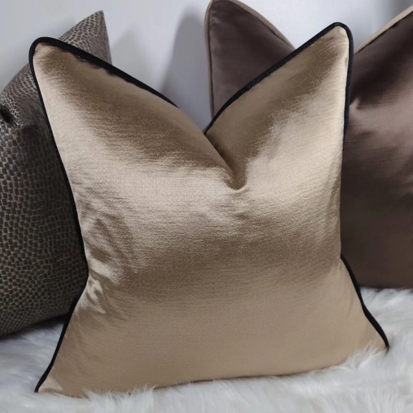 Luxury Champagne Gold Cushion Cover Piped in Black Satin 18x18